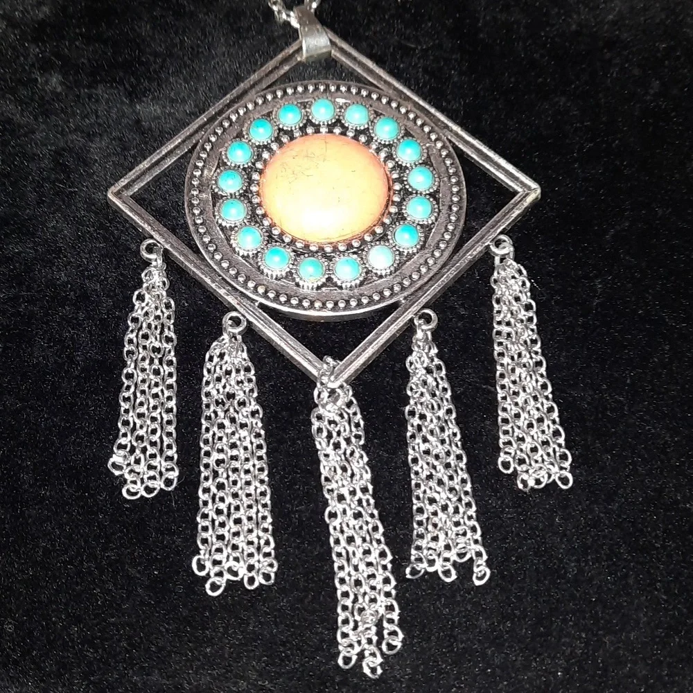 3/25$ sandstone faux turquoise/coral fringe fashion necklace silvertone - Picture 2 of 7